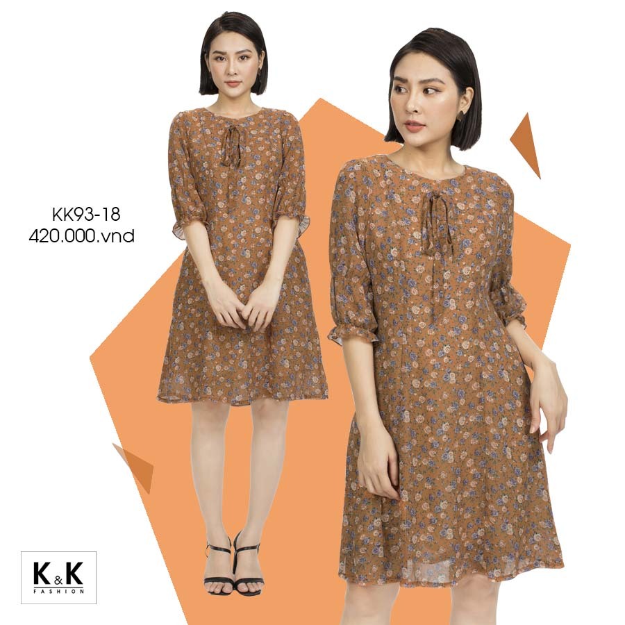 Đầm hoa dáng xoe tay lửng phối nơ cổ KK93-18