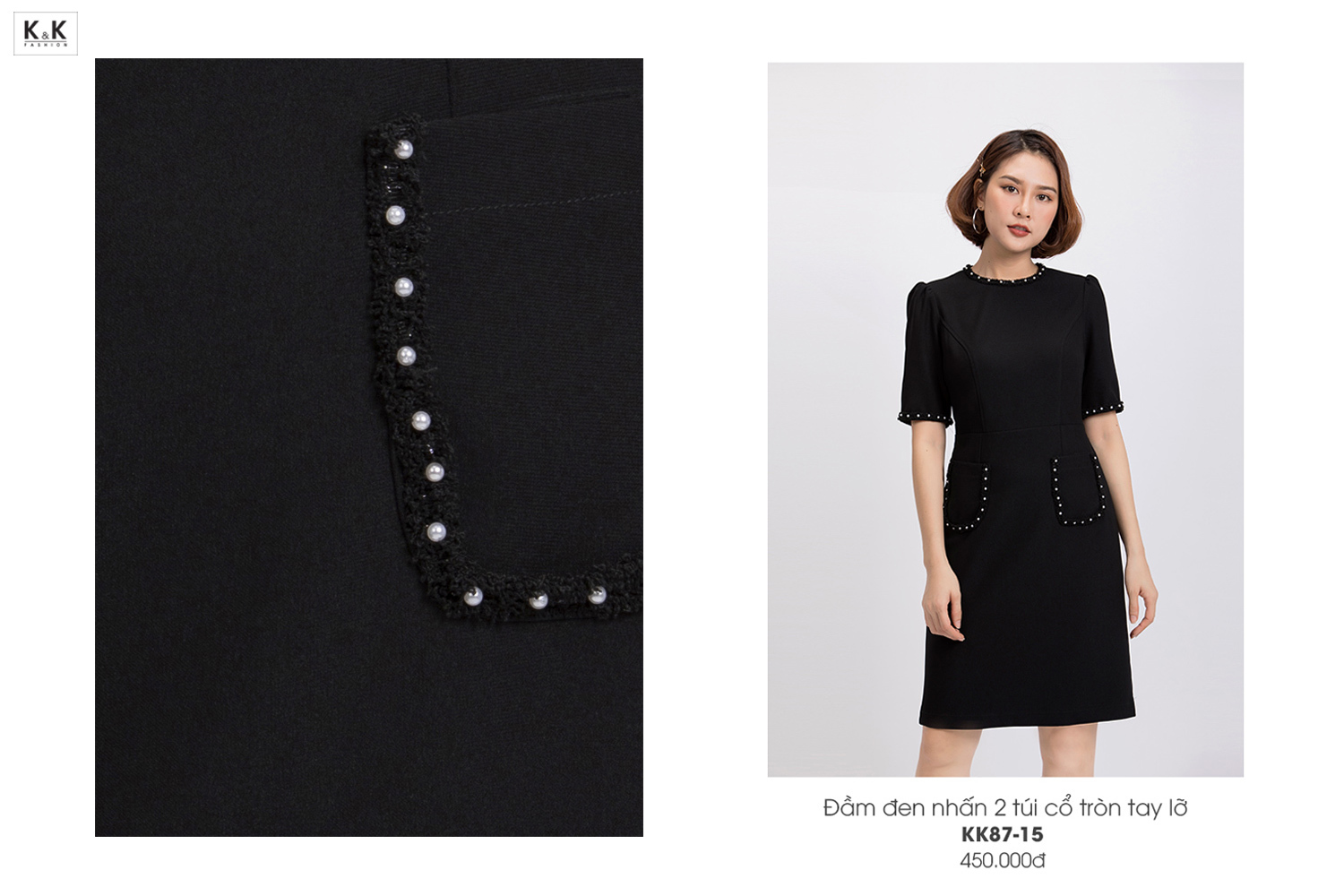 Đầm đen nhấn 2 túi cổ tròn tay lỡ KK87-15