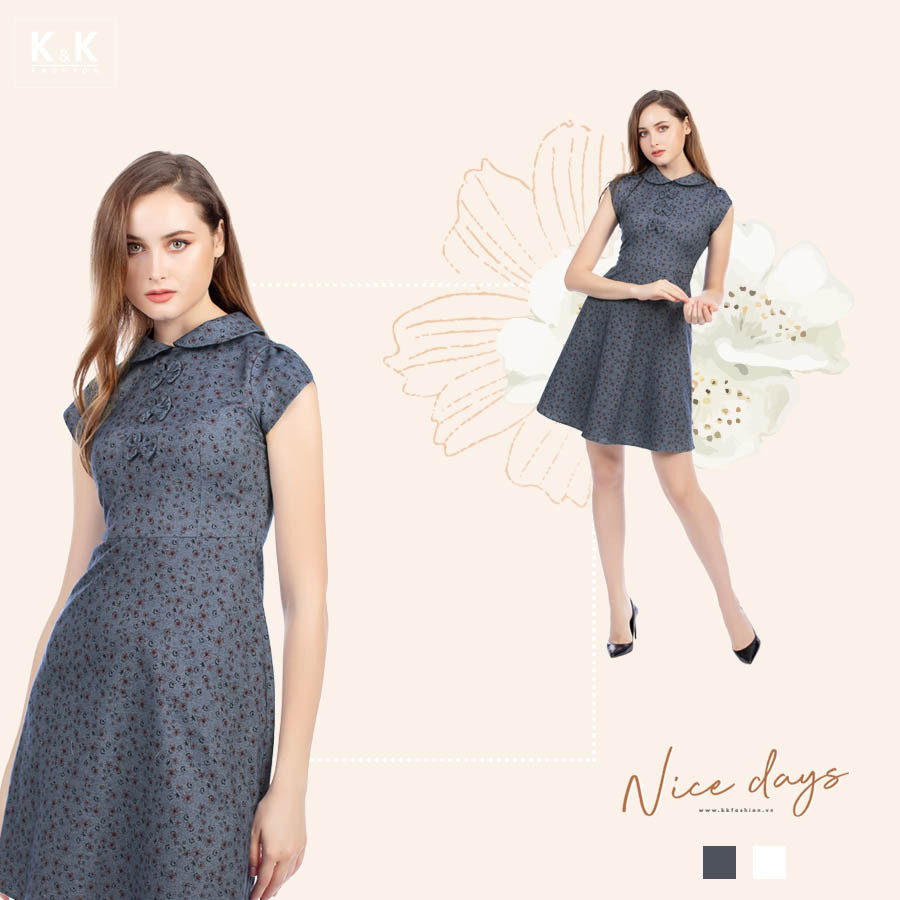 Đầm xòe chữ A hoa nhí cổ sen KK95-23