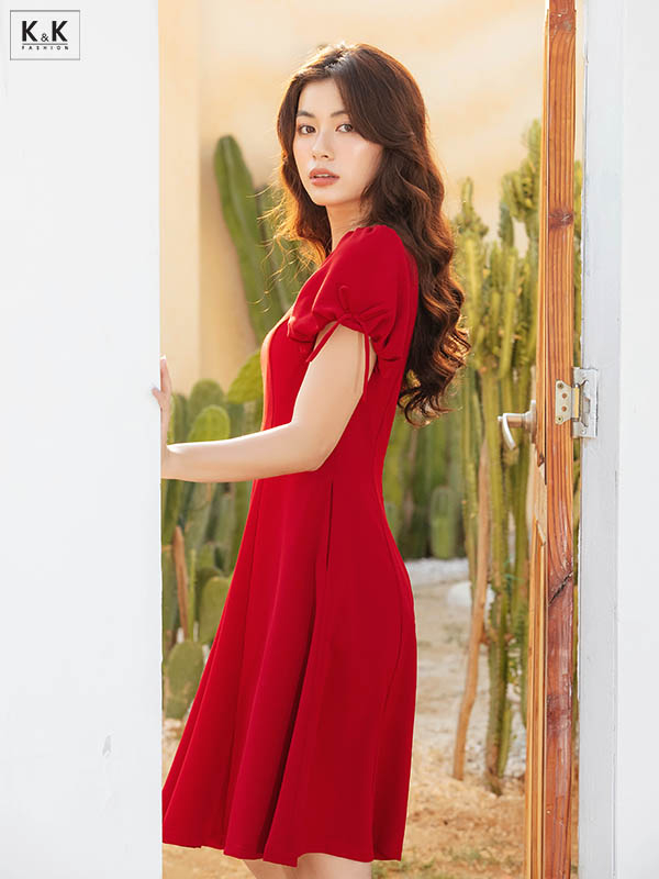 Đầm đỏ dáng xòe phối nơ KK95-16