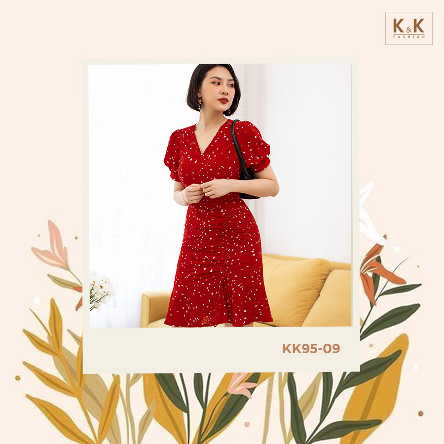 Đầm hoa ôm tùng bèo rút cổ tim KK95-09