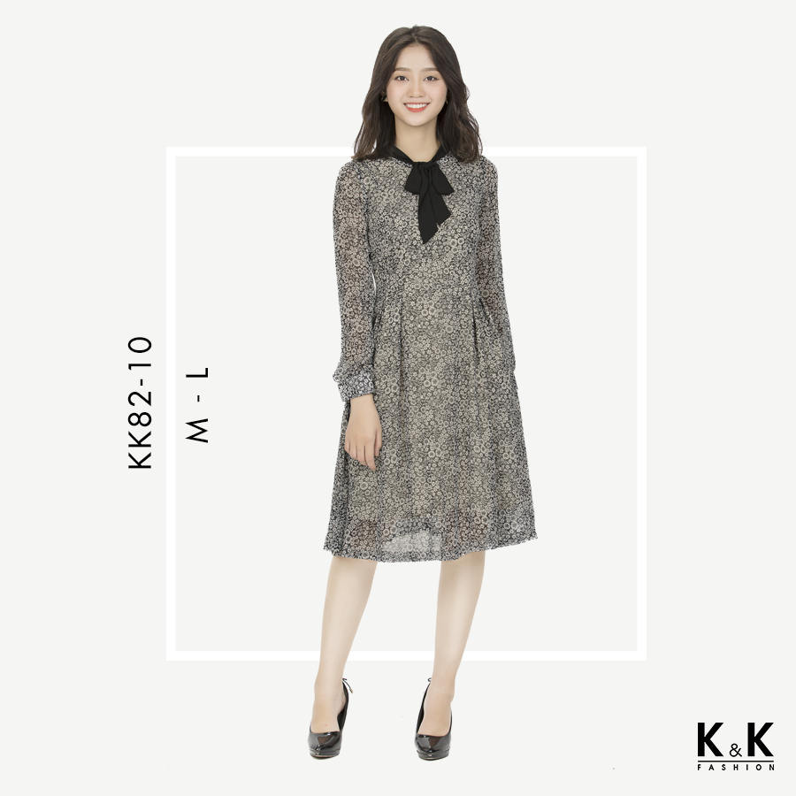 Đầm xòe họa tiết hoa phối nơ KK82-10
