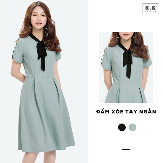 Đầm xòe tay ngắn đính nút phối nơ KK80-05