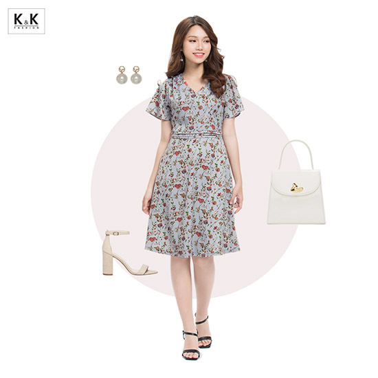 Đầm xòe hoa xếp ly eo cổ V  KK90-02