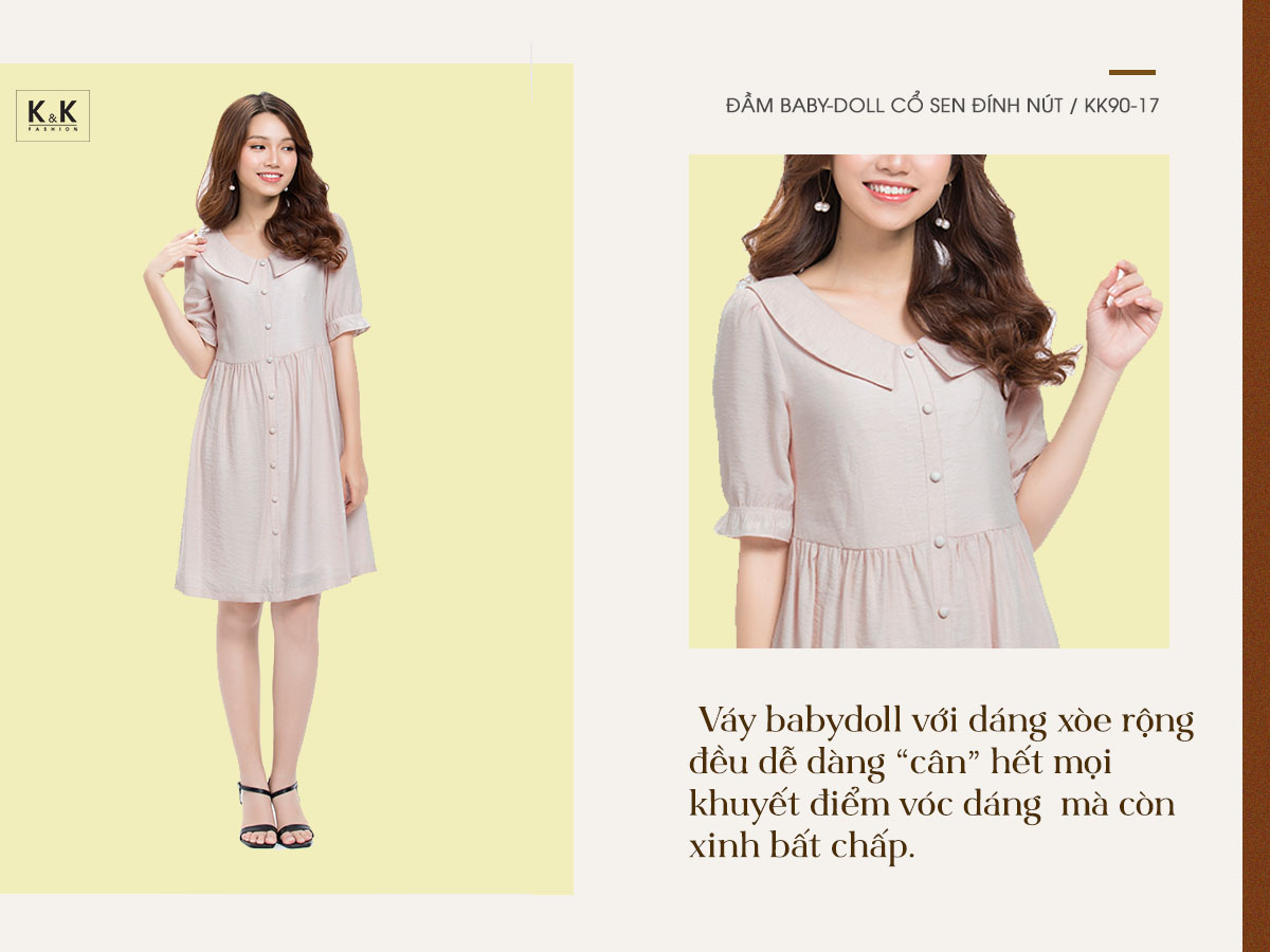 Đầm baby-doll cổ sen đính nút KK90-17