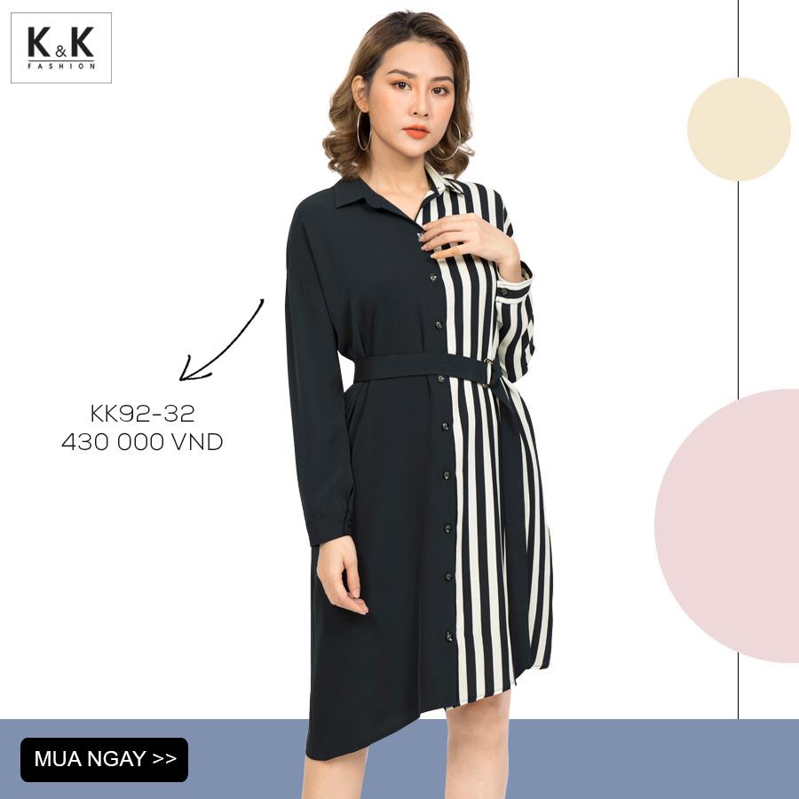 Đầm sơ mi kẻ sọc phối màu kèm thắt lưng vải KK92-32