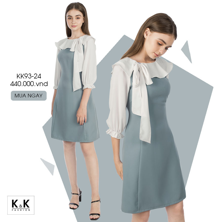 Đầm chữ A cổ phối bèo thắt nơ KK93-24