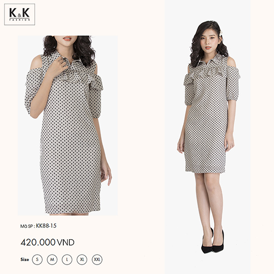 Đầm chấm bi trễ vai viền bèo ngực KK88-15