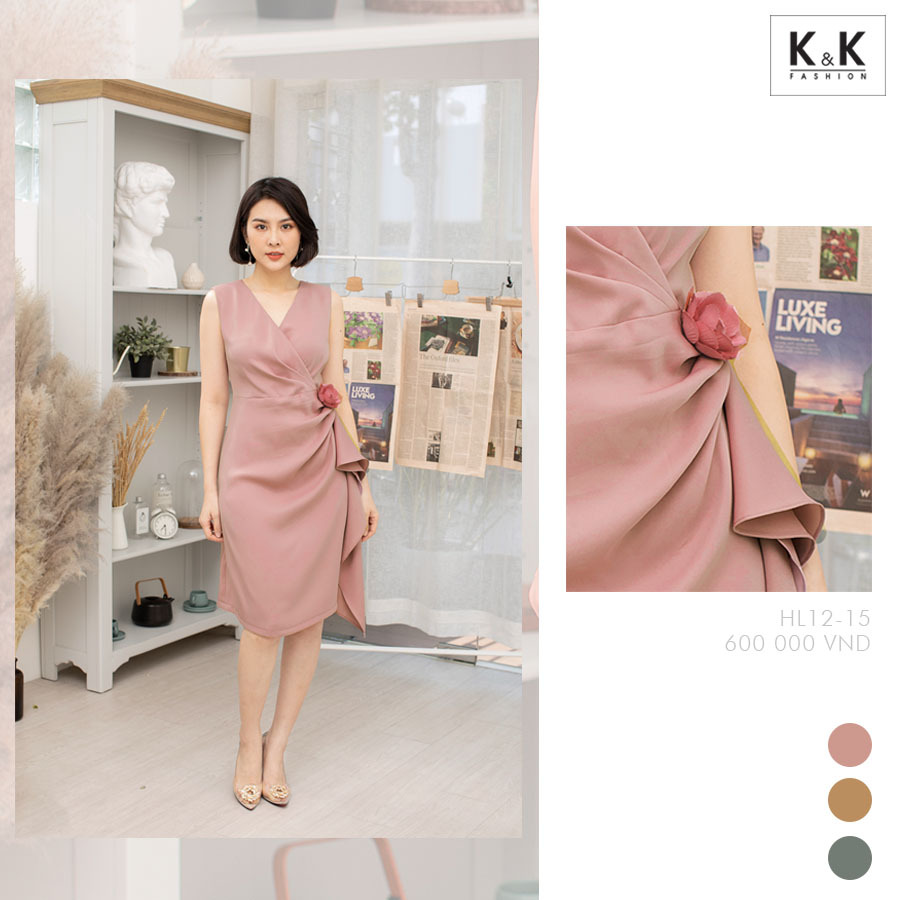 Đầm chữ A cổ tim phối bèo đính hoa HL12-15