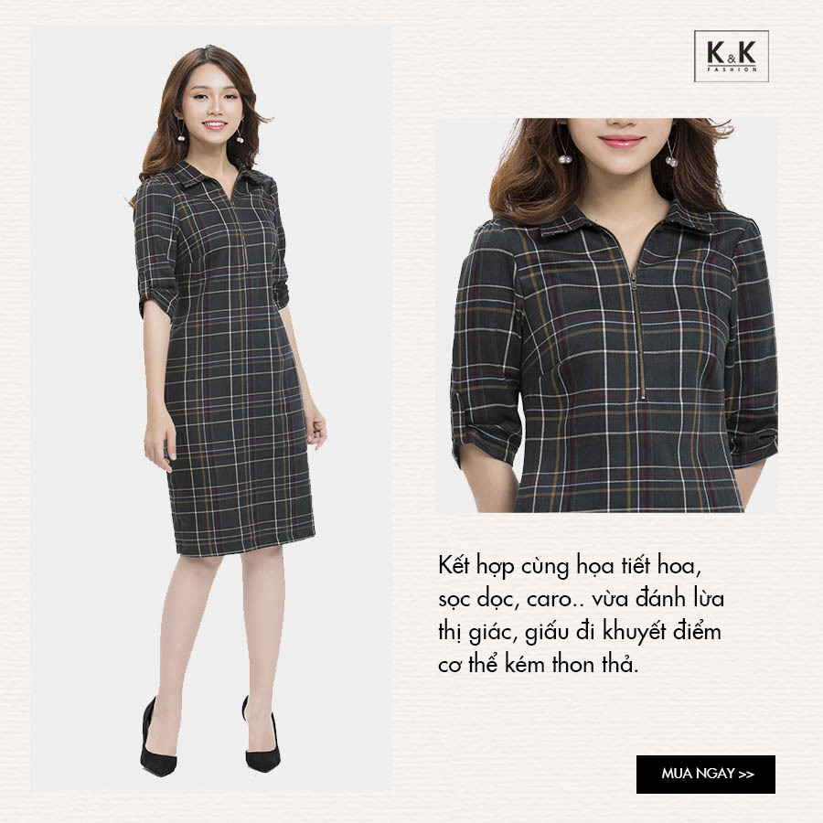 Đầm caro dáng suông cổ sơmi tay lỡ KK89-14
