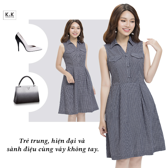 Video Đầm xòe caro sát nách cổ sơmi KK89-04