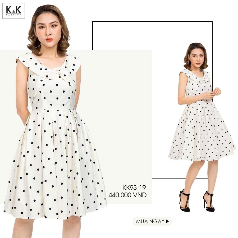 Đầm xòe chấm bi cổ cách điệu KK93-19