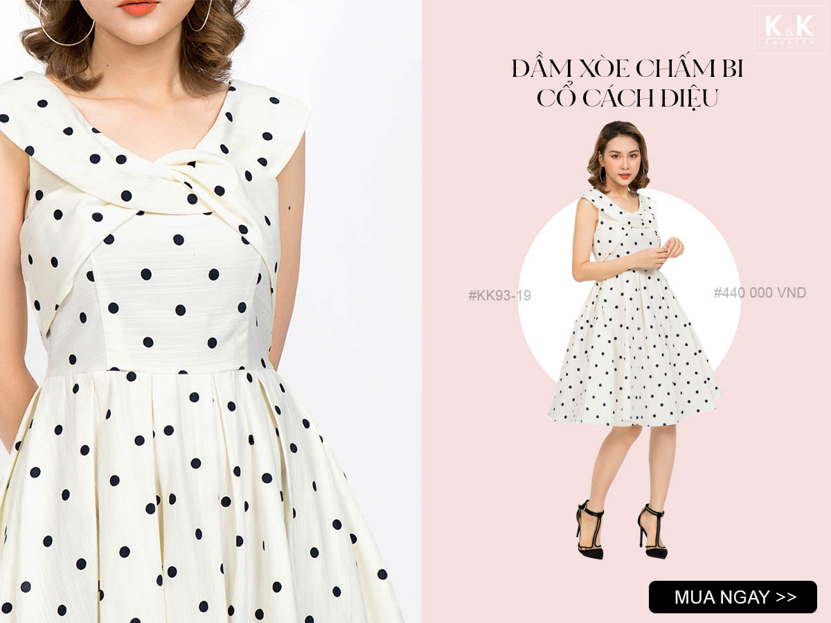 Đầm xòe chấm bi cổ cách điệu KK93-19