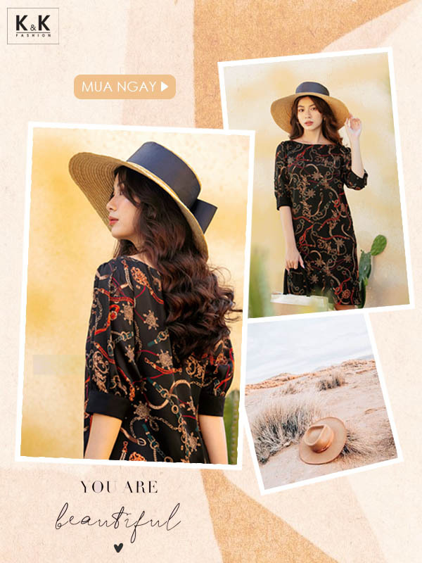 Đầm họa tiết dáng suông tay lửng HL12-20