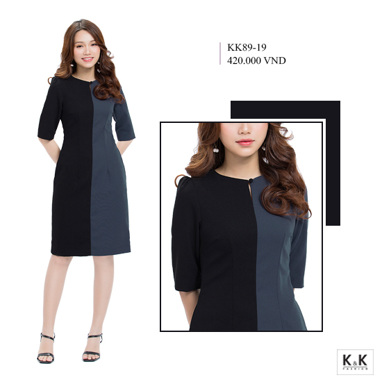 Đầm chữ A phối màu tay lửng KK89-19