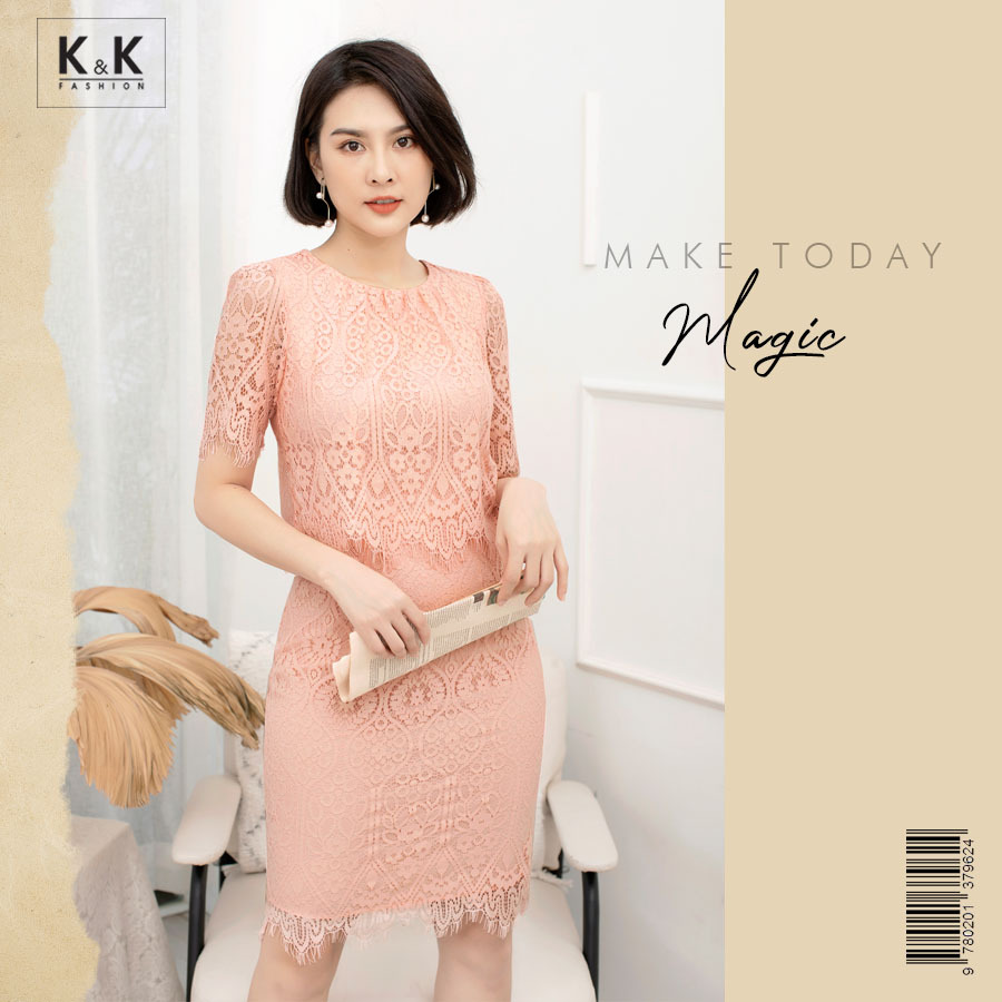 Đầm ren hồng dáng ôm body KK93-34