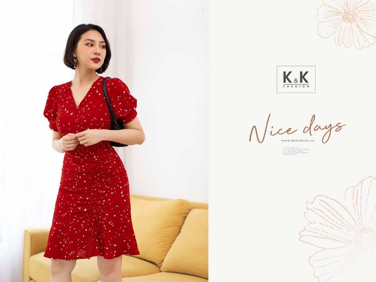 Đầm hoa ôm tùng bèo rút cổ tim KK95-09
