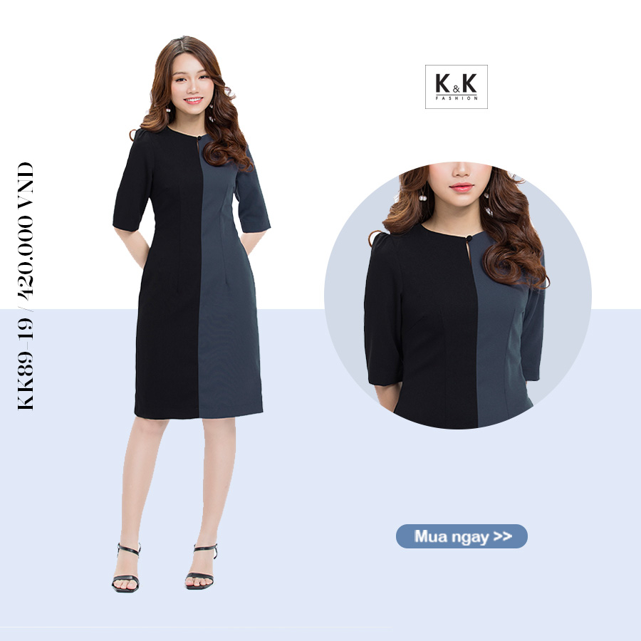 Đầm chữ A phối màu tay lửng KK89-19