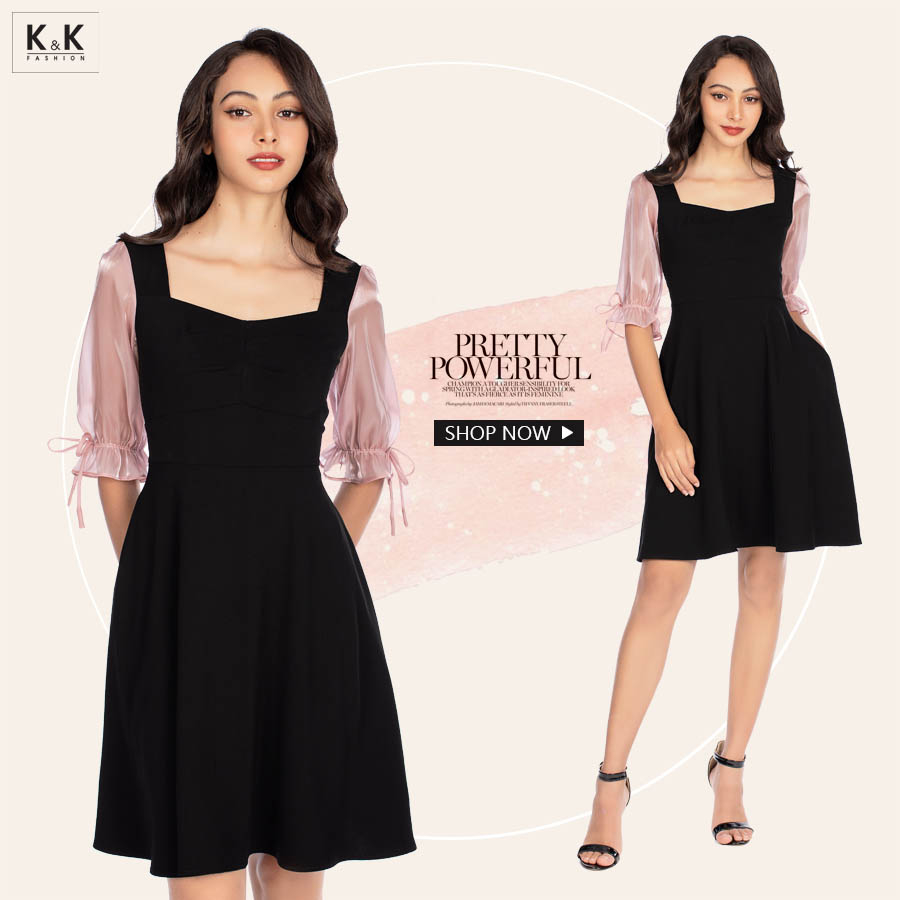 Đầm đen dáng xòe cổ vuông phối voan điệu đà KK96-25