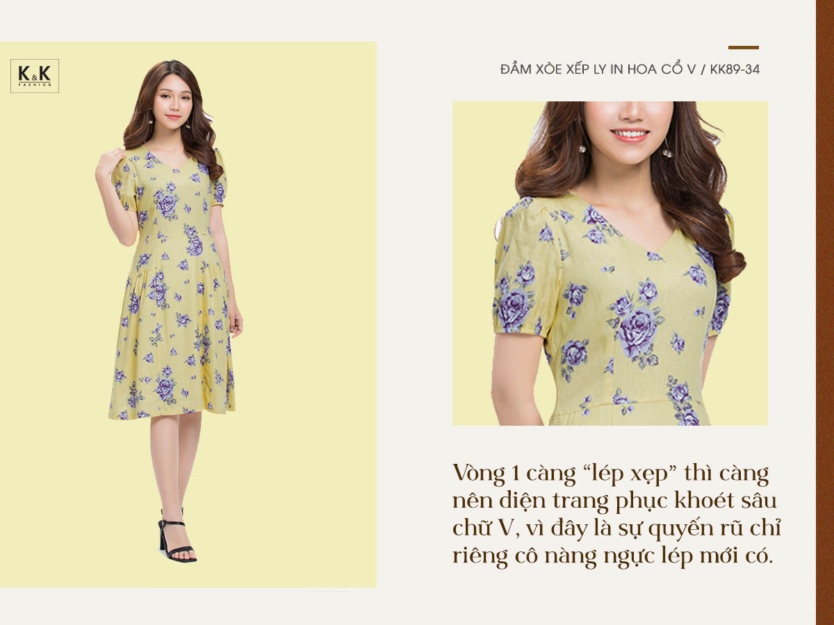 Đầm xòe xếp ly in hoa cổ V KK89-34