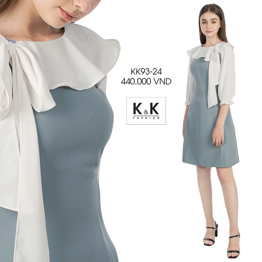 Đầm chữ A cổ phối bèo thắt nơ KK93-24