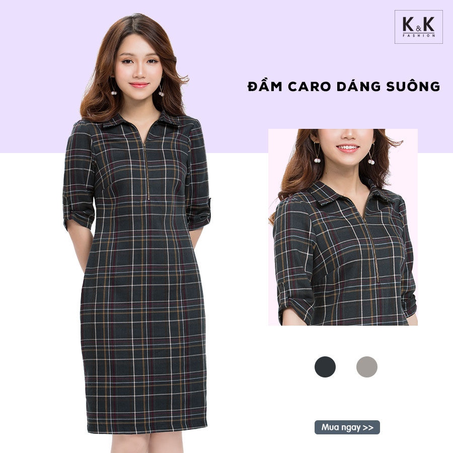 Đầm caro dáng suông cổ sơmi tay lỡ KK89-14