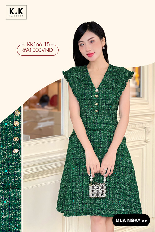 Đầm tweed dự tiệc xanh dáng chữ A cổ V KK166-15