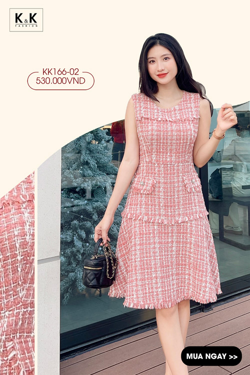 Đầm nữ đẹp caro hồng sát nách phối túi KK166-02
