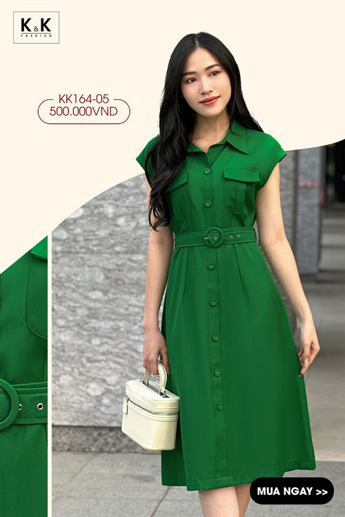 Đầm chữ a công sở màu xanh kèm thắt eo KK164-05