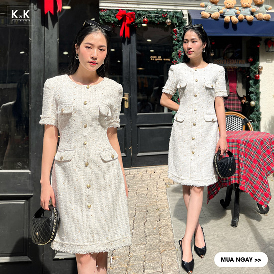 Đầm tweed trắng nữ đẹp dáng A phối túi KK166-10