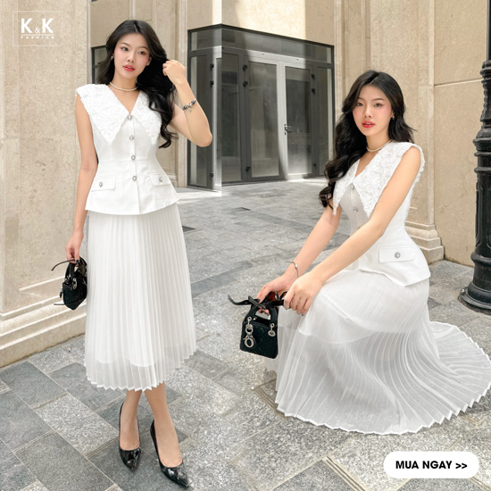 Đầm trắng peplum dáng dài tùng xếp ly cao cấp HL25-20