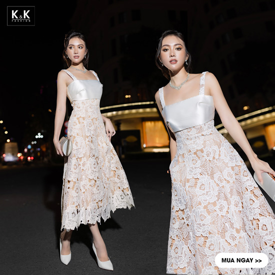 Đầm ren hai dây dự tiệc sang trọng màu trắng kem KK163-31