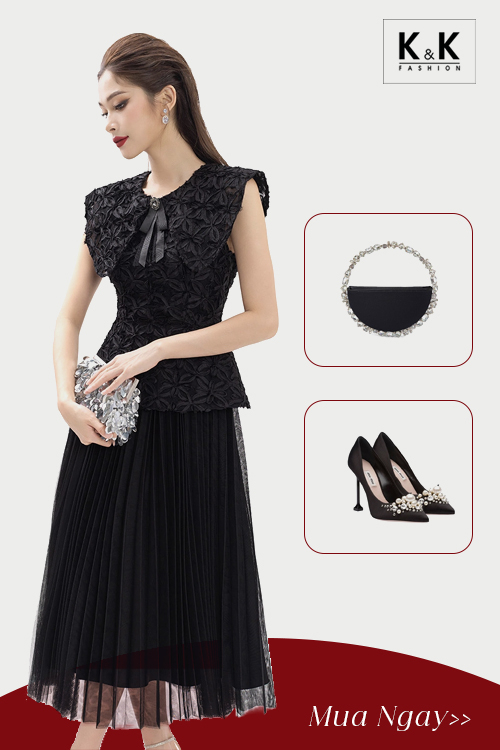 Đầm đen đi tiệc dáng peplum cổ sen bản lớn KK165-30