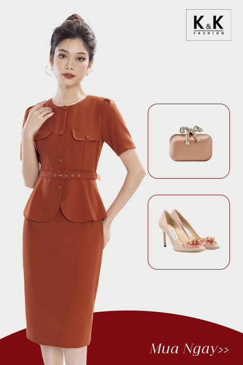 Đầm công sở thiết kế peplum màu cam phối thắt lưng KK161-10