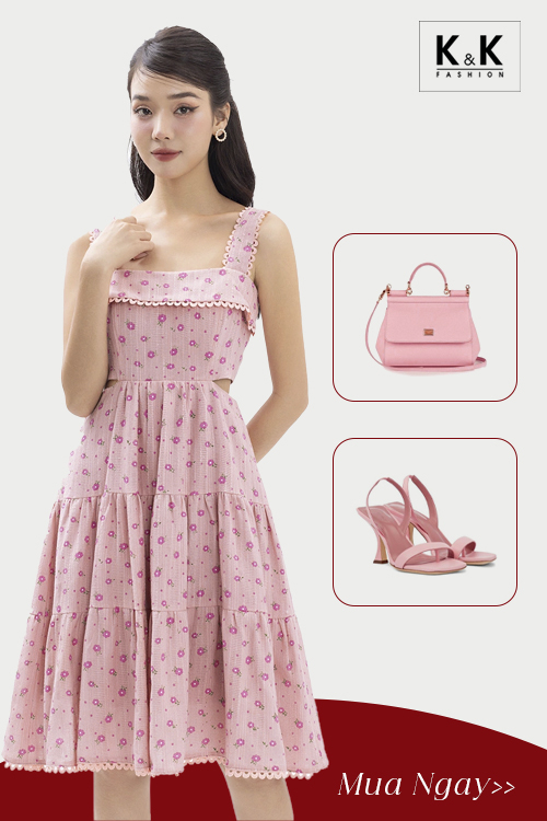 Đầm thiết kế xòe hoa hai dây eo cut-out HL26-03