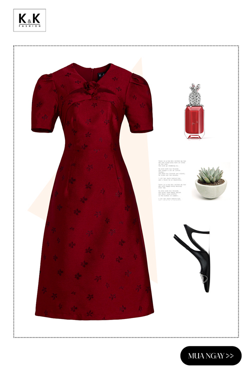 Đầm tafta đỏ hoa dự tiệc cổ cut-out đính hoa KK166-40