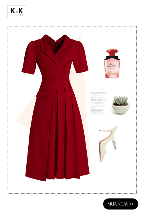 Đầm đỏ cổ đan tông phối tùng váy xếp ly KK166-37