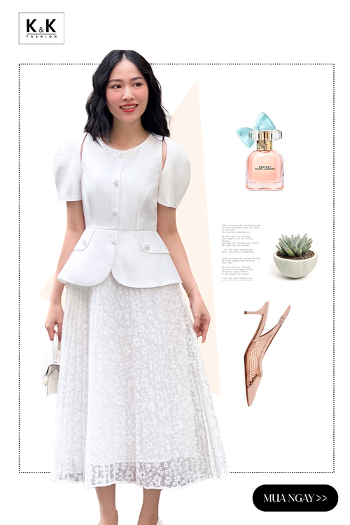 Đầm trắng peplum dáng xòe xếp ly HL25-28