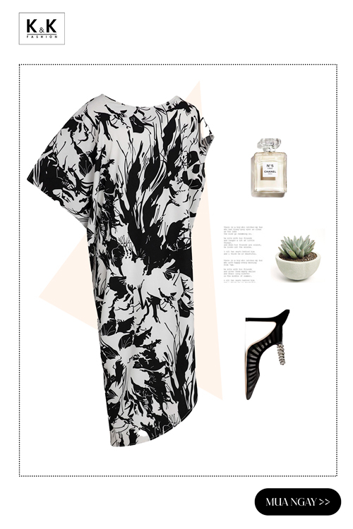 Đầm suông lệch vai họa tiết trắng đen KK167-12