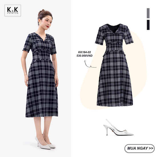 Đầm caro dáng dài xòe cổ v nhấn eo KK164-02