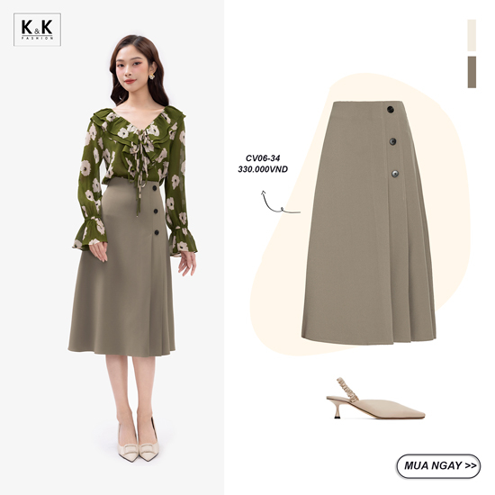 Chân váy xếp ly dáng dài xòe màu nâu CV06-34