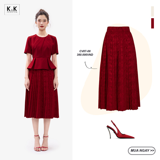 Chân váy xòe dài màu đỏ xếp ly CV07-08