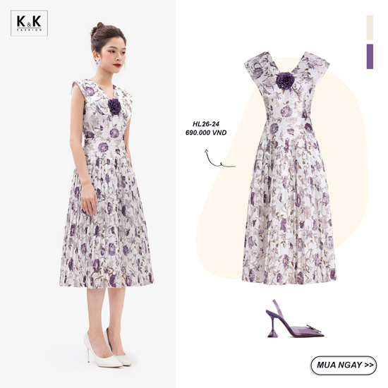 Đầm xòe hoa dáng dài xếp ly đính hoa sang trọng HL26-24