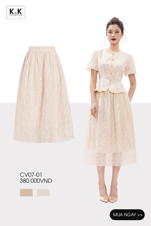 Chân váy xòe thêu hoa màu kem CV07-01