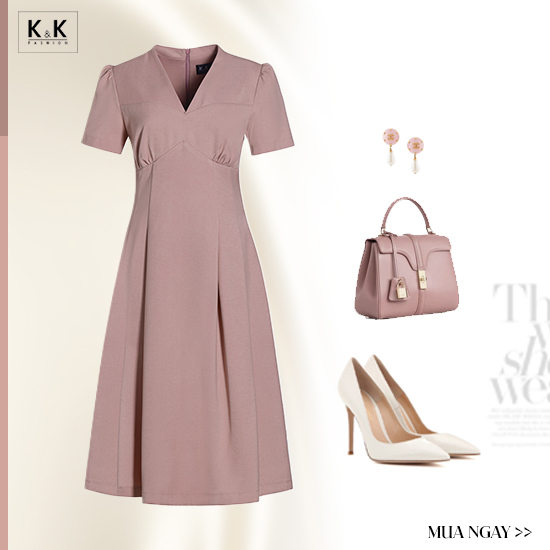 Đầm hồng công sở cổ v dáng xòe xếp ly KK167-14