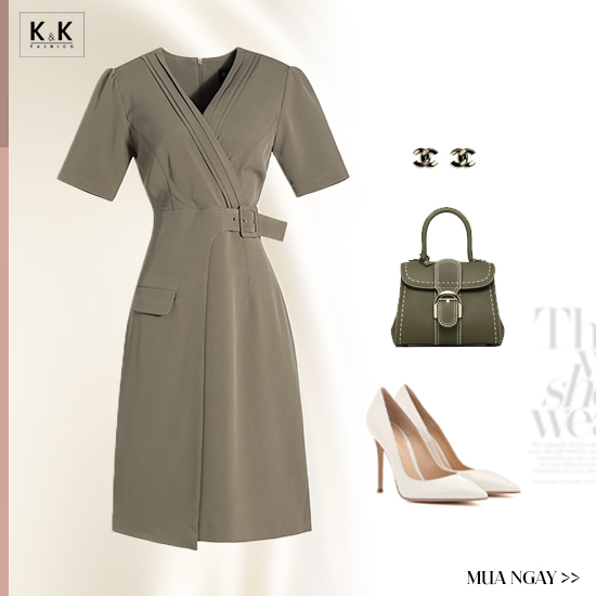 Đầm công sở trung niên chữ A màu nâu đắp chéo KK165-38