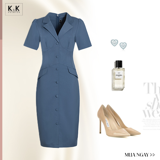 Đầm trung niên dáng ôm phối nút cổ đan tông