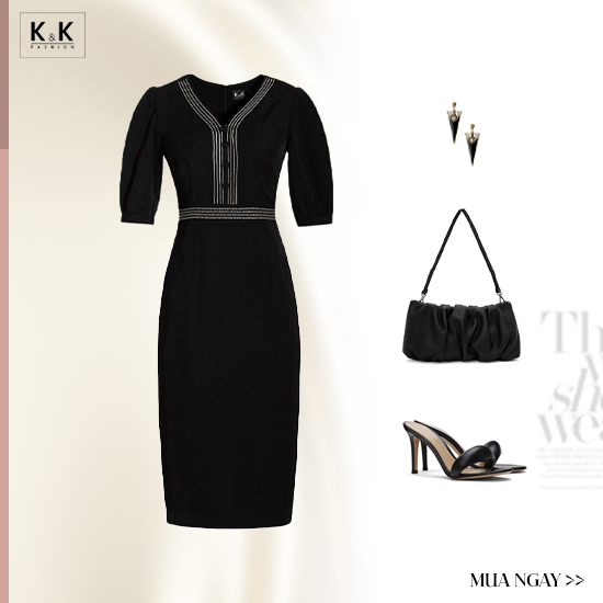 Đầm đen trung niên ôm body viền chỉ KK163-19