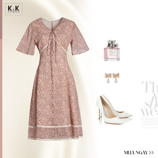 Đầm xòe công sở trung niên màu hồng phối đăng ten KK167-01