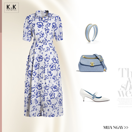 Đầm trung niên sơ mi trắng hoa xanh phối thắt lưng KK167-09